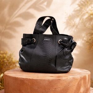 Furla Black Python Embossed Leather Side Bow Hobo Bag $295 Retail
